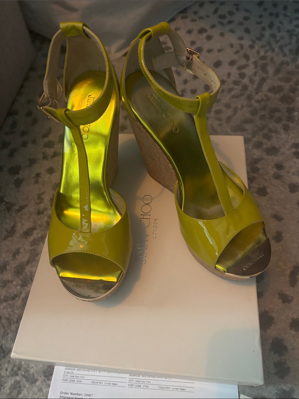 Jimmy Choo Patent Citrine -123 PELA T-Strap platform sandals